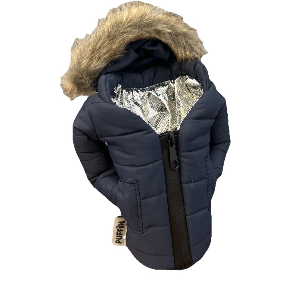 NWOT Puffin Beverage Parka Jacket Koozie Pahka Navy Blue Fur Hood Beer Cooler